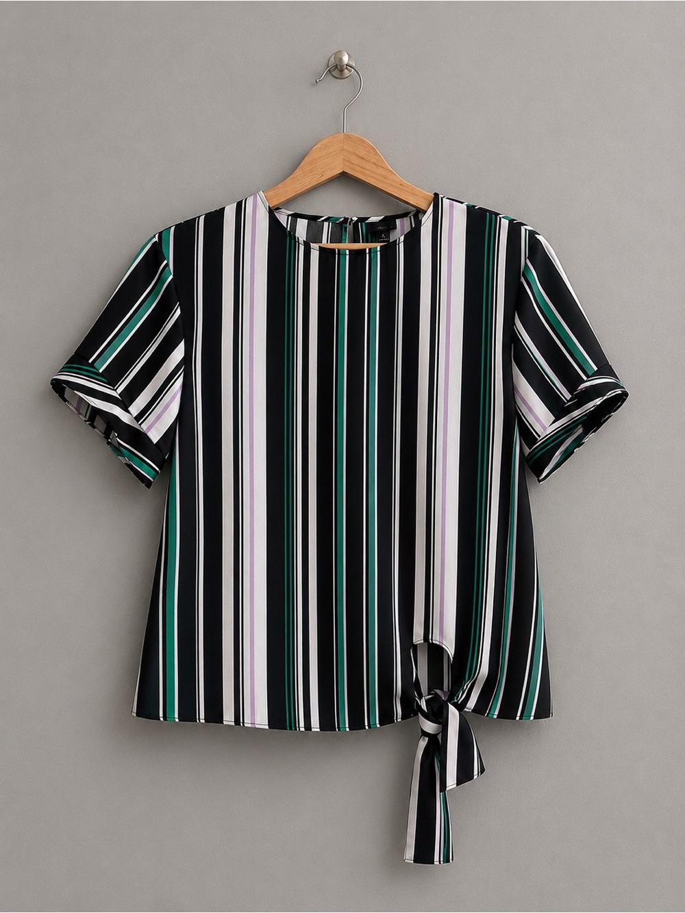 Worthington Womens Small Striped Blouse Tie Front Black White Green Pink